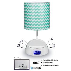 LighTunes 17 in. White Bluetooth Speaker Lamp with Alarm Clock, FM Radio, USB Charging Port and Aqua Cheveron Shade LS1000 ACV BT