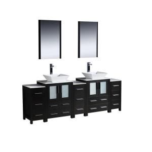 Fresca Torino 84 in. Double Vanity in Espresso with Glass Stone Vanity Top in White with Mirrors and 3 Side Cabinets FVN62 72ES VSL