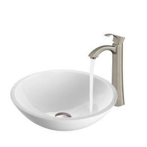 Vigo Flat Edged Stone Glass Vessel Sink in White Phoenix and Faucet in Brushed Nickel VGT209