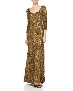 Sequined 3/4 Sleeve Cowl Back Gown, Gold