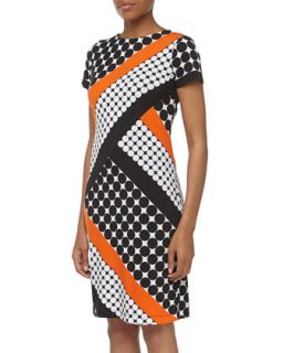 Dotted Diagonal Stripe Print Sheath Dress, Black/Orange/White