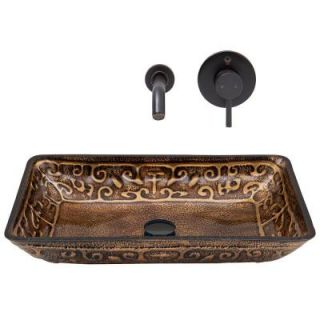 Vigo Rectangular Glass Vessel Sink in Golden Greek and Wall Mount Faucet Set in Antique Rubbed Bronze VGT288