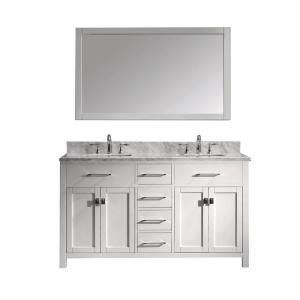 Virtu USA Caroline 60 in. Double Vanity in White with Marble Vanity Top in Italian Carrera White and Mirror MD 2060 WMSQ WH 001