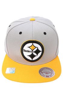 Mitchell and Ness Hat Pittsburgh Steelers Hat 2 Tone Velcro in Grey and Yellow