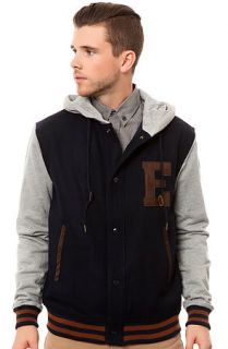 Elwood Jacket Quilted Button Up Varsity Hood Navy Gray Orange