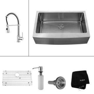KRAUS All in One Farmhouse Apron 33x20 3/4x10 0 Hole Single Bowl Kitchen Sink with Kitchen Faucet in Chrome KHF200 33 KPF1612 KSD30CH