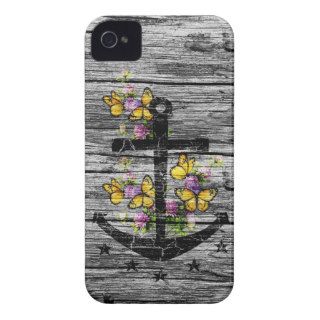 Vintage Wood & Black Anchor With Yellow Butterfly iPhone 4 Cover