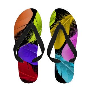 Bold Vivid Wild Colored Feathers On Black Flip Flops