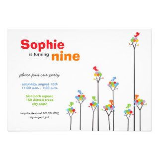 Whimsical Color Dots Birds Tree Kids 9th Birthday Personalized Invite
