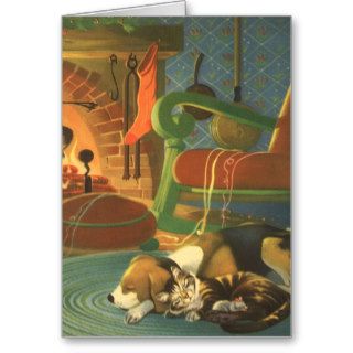 Sleeping Pets on Christmas Eve; Dog, Cat and Mouse Greeting Cards