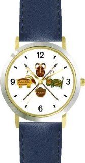 African Art Motifs   Crossing Spears   WATCHBUDDY DELUXE TWO TONE THEME WATCH   Arabic Numbers   Blue Leather Strap Size Large ( Men's Size or Jumbo Women's Size ) WatchBuddy Watches