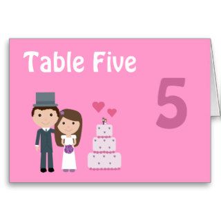 Cute Cartoon Bride Groom & Cake Pink Seating Card