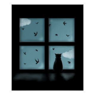 Black Cat Looking Out Window At Heaven Print