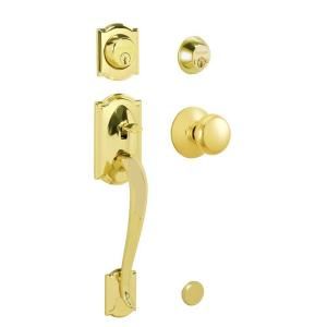 Schlage Camelot Double Cylinder Bright Brass Handleset with Plymouth Interior Knob F62 CAM 505 PLY