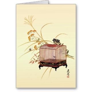 Japanese Art Cricket Cage with Flowers Greeting Card