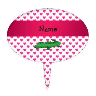 Personalized name alligator pink hearts polka dots cake picks
