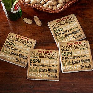 Fathers Day Gifts    Man Cave Rules Personalized Tumbled Stone Coaster