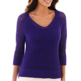 3/4 Sleeve Pointelle Tape Yarn Sweater, Vibrant Violet, Womens