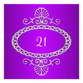 21st Birthday Purple & Silver Metal Invitations
