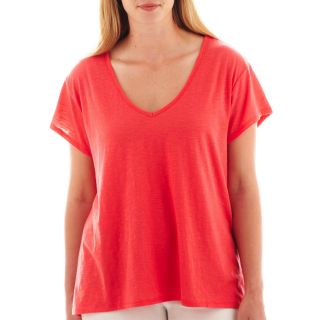 A.N.A Short Sleeve V Neck Shirred Back Tee   Plus, Scarlet Ibis, Womens