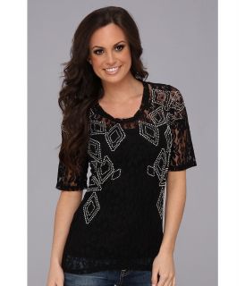 Rock and Roll Cowgirl Juniors S/S Lace Top Womens Blouse (Black)