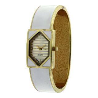 Womens Rectangle Case Bangle Watch, White/Gold