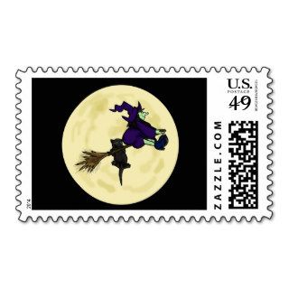 Witch With Hanging Cat on Broomstick Stamps