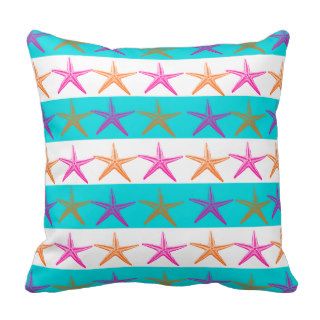 Summer Beach Theme Starfish on Teal Stripes Throw Pillow