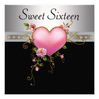 Silver Pink Roses Heart Sweet Sixteen Birthday Custom Announcement