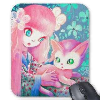 Girl With Pink Hair in Kimono With Kawaii Cat Mousepads