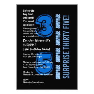 SURPRISE 35th Modern Birthday Blue and Black Invite