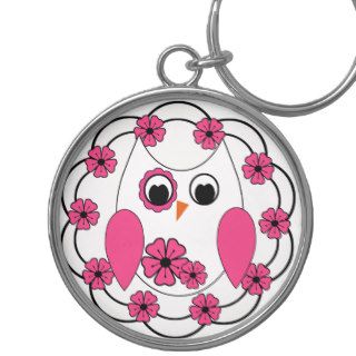 Pretty Pink Flowers & White Owl Key Chain