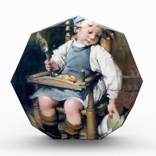 Child Giving Food to Kitten antique painting Award