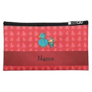 Personalized name peacock red christmas trees cosmetics bags