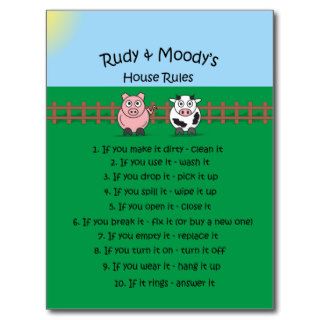 Funny House Rules by Rudy Pig & Moody Cow Postcards