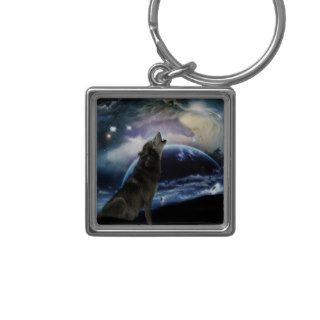 Wolf howling at the moon keychains