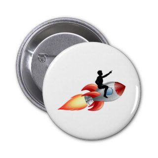 Businessman riding rocket ship pins