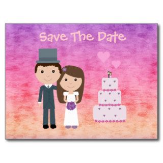 Cute Cartoon Bride, Groom & Cake Save The Date Postcard