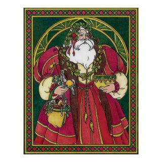 Vintage Christmas, Santa Claus Holly Leaves Print