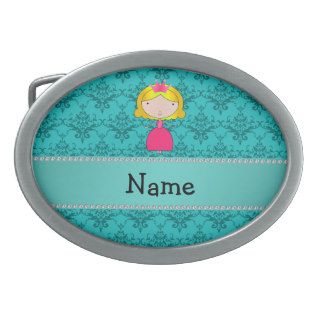 Personalized name princess turquoise damask belt buckles