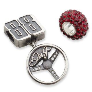 #88 Dale EarnHardt Jr Sterling Silver Dark Red Crystal Driver Number & Signature Steering Wheel Bead Set Bead Charms Jewelry