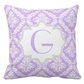 Modern purple, white damask pattern monogram pillow