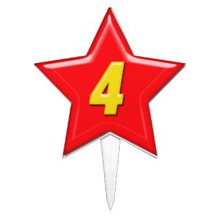 Shiny Yellow on Shiny Red Star Number 4 Star Cake Toppers
