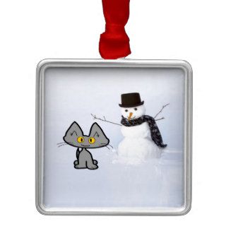 Cat With A Snowman Christmas Tree Ornaments