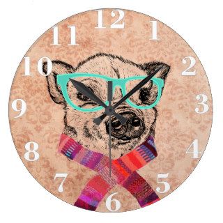 Funny Cute Pig Drawing Teal Geek Hipster Glasses Wall Clocks