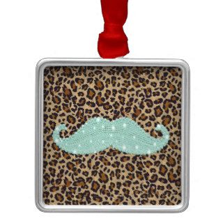Funny Teal Green Bling Mustache And Animal Print Christmas Tree Ornaments