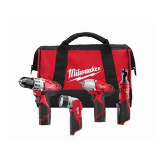 Milwaukee M12 12 Volt Lithium Ion Cordless Drill Driver/Impact Wrench/Ratchet/Light Combo Kit (4 Tool) 2493 24