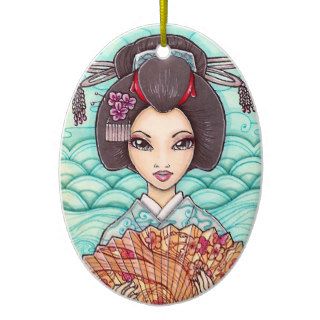 Geisha in Blue Kimono Ukiyoe Art Premium Ornament