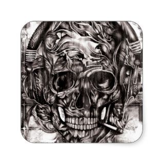Skull with headphones hand drawn artwork. square stickers