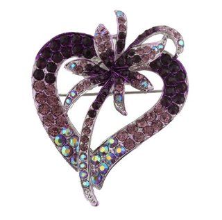 2 Pieces of Silver with Purple Iced Out Heart Outline with Lily Flower Style Brooch & Pin Pendant Brooches And Pins Jewelry
